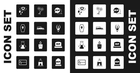 Set Speech bubble rip death, Hearse car, Coffin with cross, Tear cry eye, Lily Stock Illustration