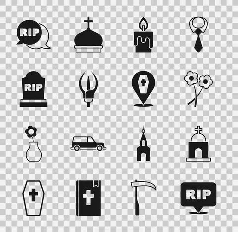 Set Speech bubble rip death, Old crypt, Flower, Burning candle, Lily flower Ilustración de archivo