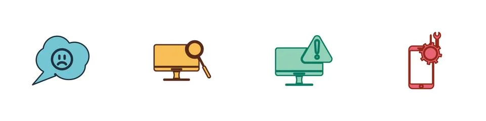 Set Speech bubble with sad smile, Computer monitor diagnostics, Monitor Stock Illustration