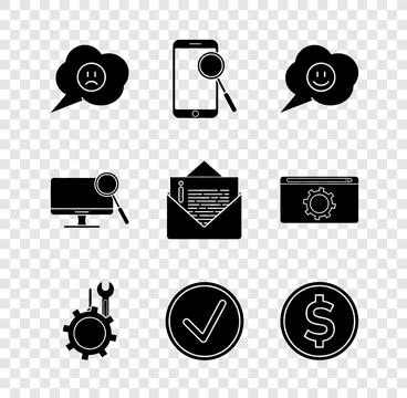 Set Speech bubble with sad smile, Mobile phone diagnostics, face, Wrench an.. Illustrazione stock