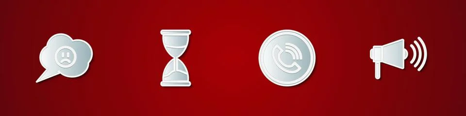 Set Speech bubble with sad smile, Hourglass, Phone call and Megaphone icon. V Stock Illustration
