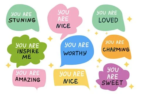 Set of speech bubble talks with compliments. Hand written phrases Self love, Stock Illustration