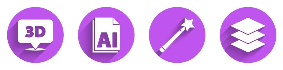 Set Speech bubble with text 3D, AI file document, Magic wand and Layers icon Stock Illustration