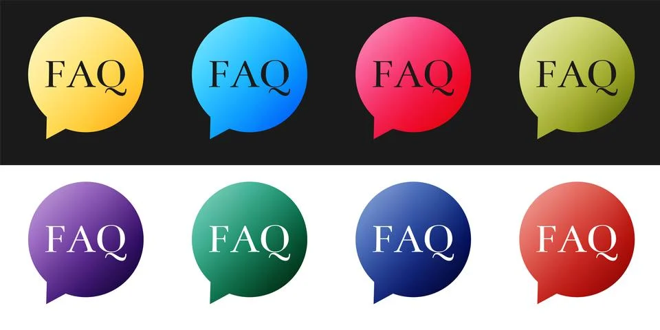 Set Speech bubble with text FAQ information icon isolated on black and white Stockillustratie