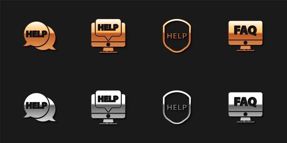 Set Speech bubble with text Help, Computer monitor and help, Shield and FAQ icon Illustrazione stock