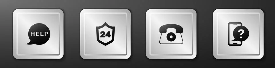 Set Speech bubble with text Help, Telephone 24 hours support, and icon. Silver Stock Illustration