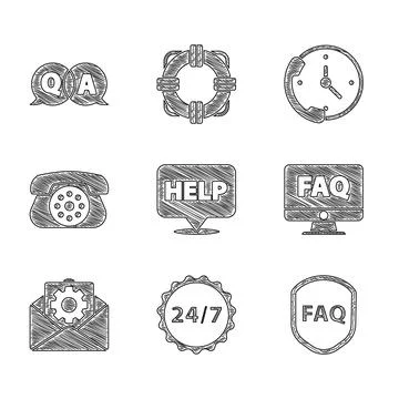 Set Speech bubble with text Help, Clock 24 hours, Shield FAQ, Computer monitor Stock Illustration
