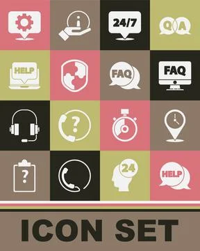 Set Speech bubble with text Help, Location clock, Computer monitor and FAQ Illustrazione stock