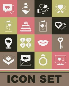 Set Speech bubble text I love you, Key in heart shape, Two Linked Hearts, hand Stock Illustration