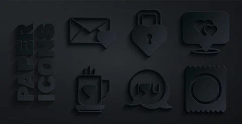 Set Speech bubble text I love you, Location with heart, Coffee cup and, Condom Stock-Illustration