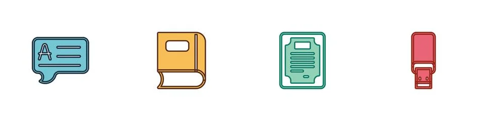 Set Speech bubbles with Answer, Book, Certificate template and USB flash drive Illustrazione stock