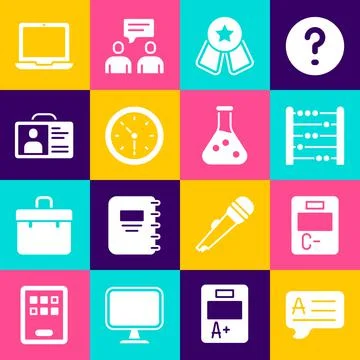 Set Speech bubbles with Answer, Exam paper incorrect answers, Abacus, Medal star Stockillustratie