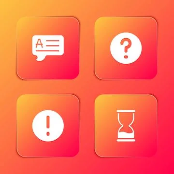 Set Speech bubbles with Answer, Question, and Exclamation and Old hourglass.. Stock Illustration