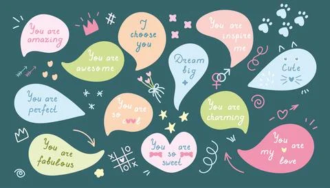 Set of speech bubbles with compliment phrases Stock Illustration