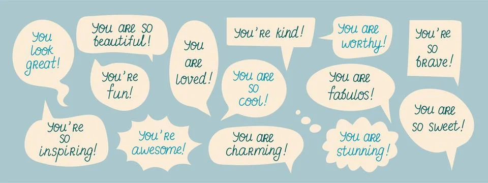 Set of speech bubbles with compliments, self love quotes Stock Illustration