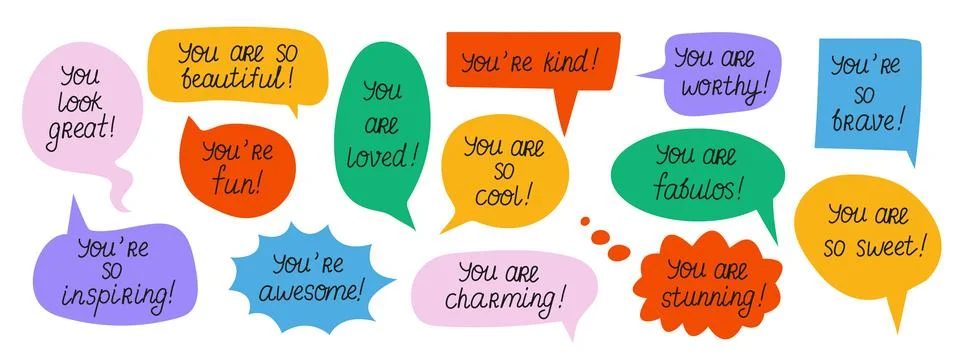 Set of speech bubbles with compliments, self love quotes Stock Illustration