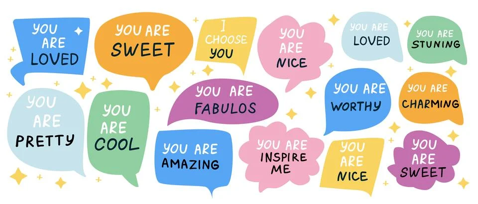 Set of speech bubbles with compliments, self love quotes. Stock Illustration