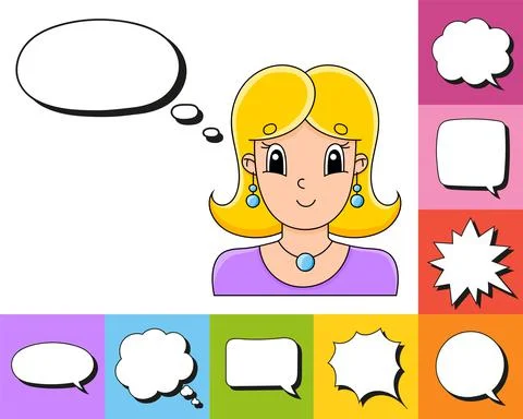 Set of speech bubbles of different shapes. With a cute cartoon character. Bea Illustrazione stock
