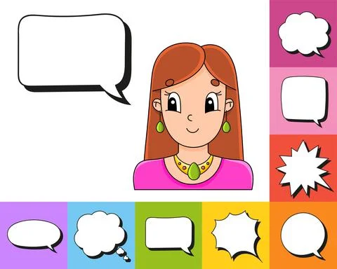 Set of speech bubbles of different shapes. With a cute cartoon character. Bea Stock Illustration