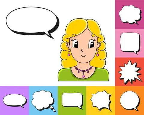 Set of speech bubbles of different shapes. With a cute cartoon character. Bea Stock Illustration