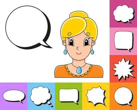 Set of speech bubbles of different shapes. With a cute cartoon character. Bea Stock Illustration