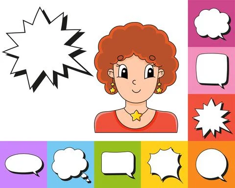 Set of speech bubbles of different shapes. With a cute cartoon character. Bea Stock Illustration