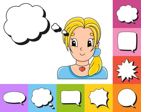 Set of speech bubbles of different shapes. With a cute cartoon character. Bea Stock Illustration