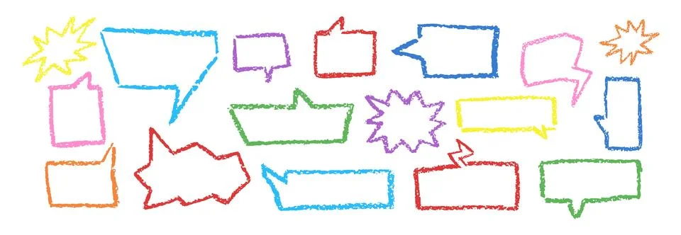 Set of speech bubbles drawn by crayon pencil. Collection of hand drawn chalk Stock Illustration
