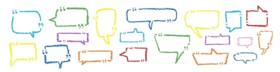 Set of speech bubbles drawn by crayon pencil with quote mark. Collection of hand Stock-Illustration