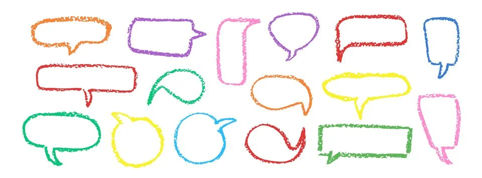 Set of speech bubbles drawn by crayon pencil. Collection of hand drawn chalk Stock Illustration