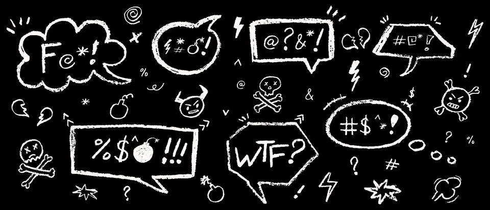 Set of speech bubbles drawn by crayon pencil and swear symbols. Collection of Stock Illustration