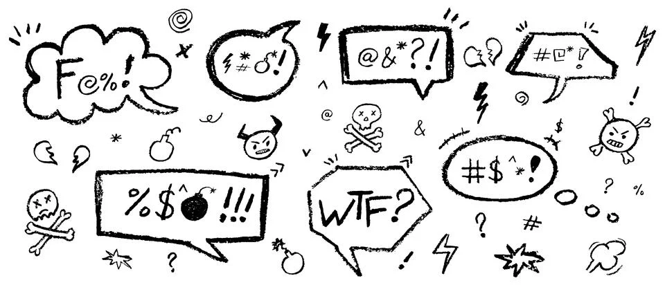 Set of speech bubbles drawn by crayon pencil and swear symbols. Collection of Stock Illustration