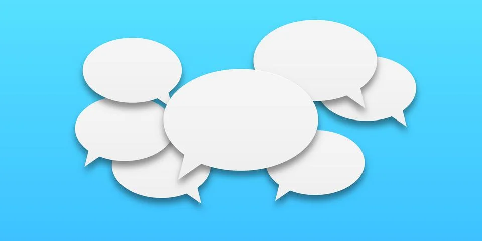 Set of speech bubbles icons. White speech bubbles on a blue background. Commu Stock Illustration