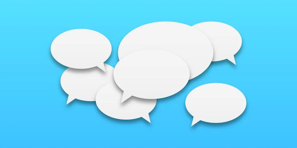 Set of speech bubbles icons. White speech bubbles on a blue background. Commu Stock Illustration