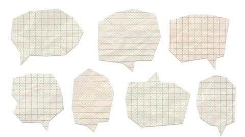 Set of speech bubbles made from crumpled paper with math lines notebook pattern 스톡 일러스트