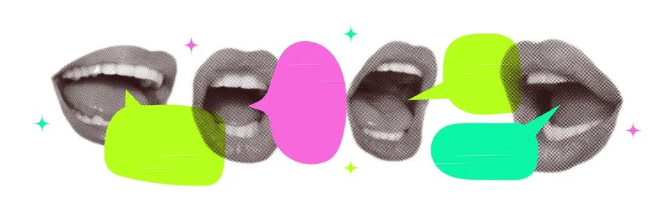 Set of speech bubbles with open mouths in collage style in halftone processing Stock Illustration