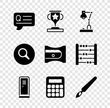 Set Speech bubbles with Question, Award cup, Table lamp, Locker or changing room Stock Illustration