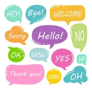Set of speech bubbles with short phrases yes, thank you, ok, omg, hello Stock Illustration