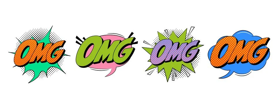 Set of speech bubbles in trendy retro style. Comic sound effects. OMG text Illustrazione stock