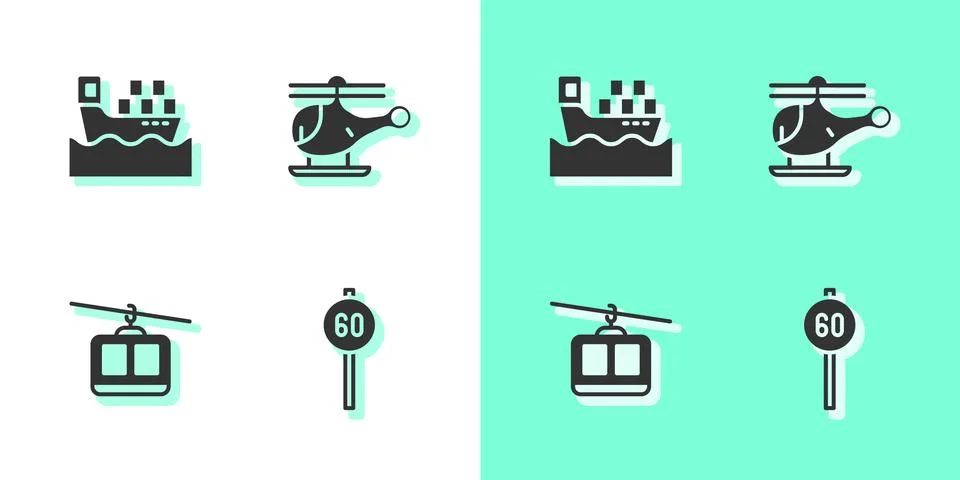 Set Speed limit traffic, Cargo ship with boxes, Cable car and Helicopter icon 库存插图
