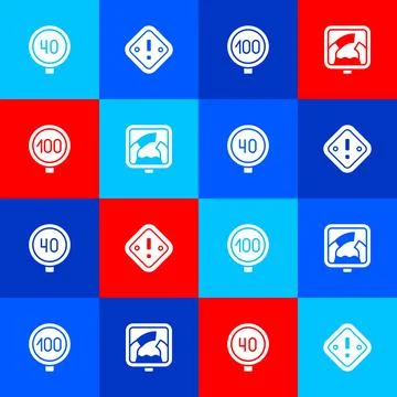 Set Speed limit traffic, Exclamation mark in triangle, and Drawbridge ahead icon Stock Illustration