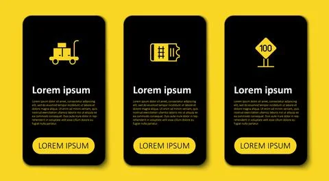 Set Speed limit traffic sign 100 km, Train ticket and Trolley suitcase. Busin Ilustración de archivo