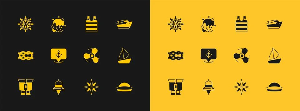 Set Speedboat, Ship bell, Boat propeller, Wind rose, Anchor, Striped sailor.. Illustrazione stock
