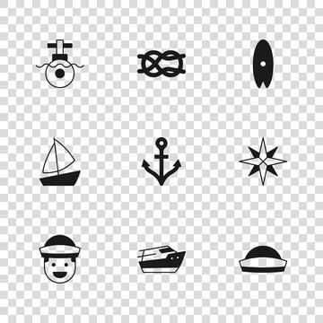 Set Speedboat, Wind rose, Sailor hat, Anchor, Surfboard, Submarine, Nautica.. Stock Illustration