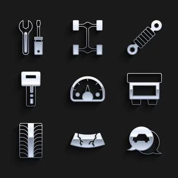 Set Speedometer, Broken windshield, Car service, Fuse, tire wheel, key with.. Ilustración de archivo