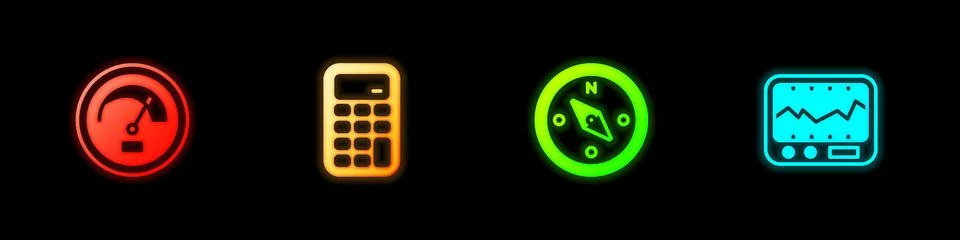Set Speedometer, Calculator, Compass and Measuring instrument icon. Vector Stock Illustration