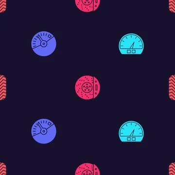 Set Speedometer, , Car brake disk with caliper and tire on seamless pattern.  Stock Illustration