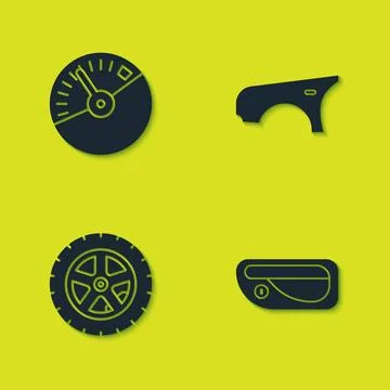 Set Speedometer, Car door handle, wheel and fender icon. Vector Illustration