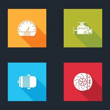 Set Speedometer, Car engine, Electric and brake disk with caliper icon. Vecto Stock Illustration