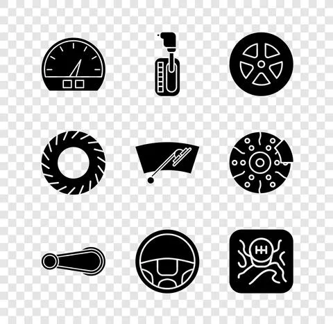 Set Speedometer, Gear shifter, Car wheel, door handle, Steering, tire and Illustration
